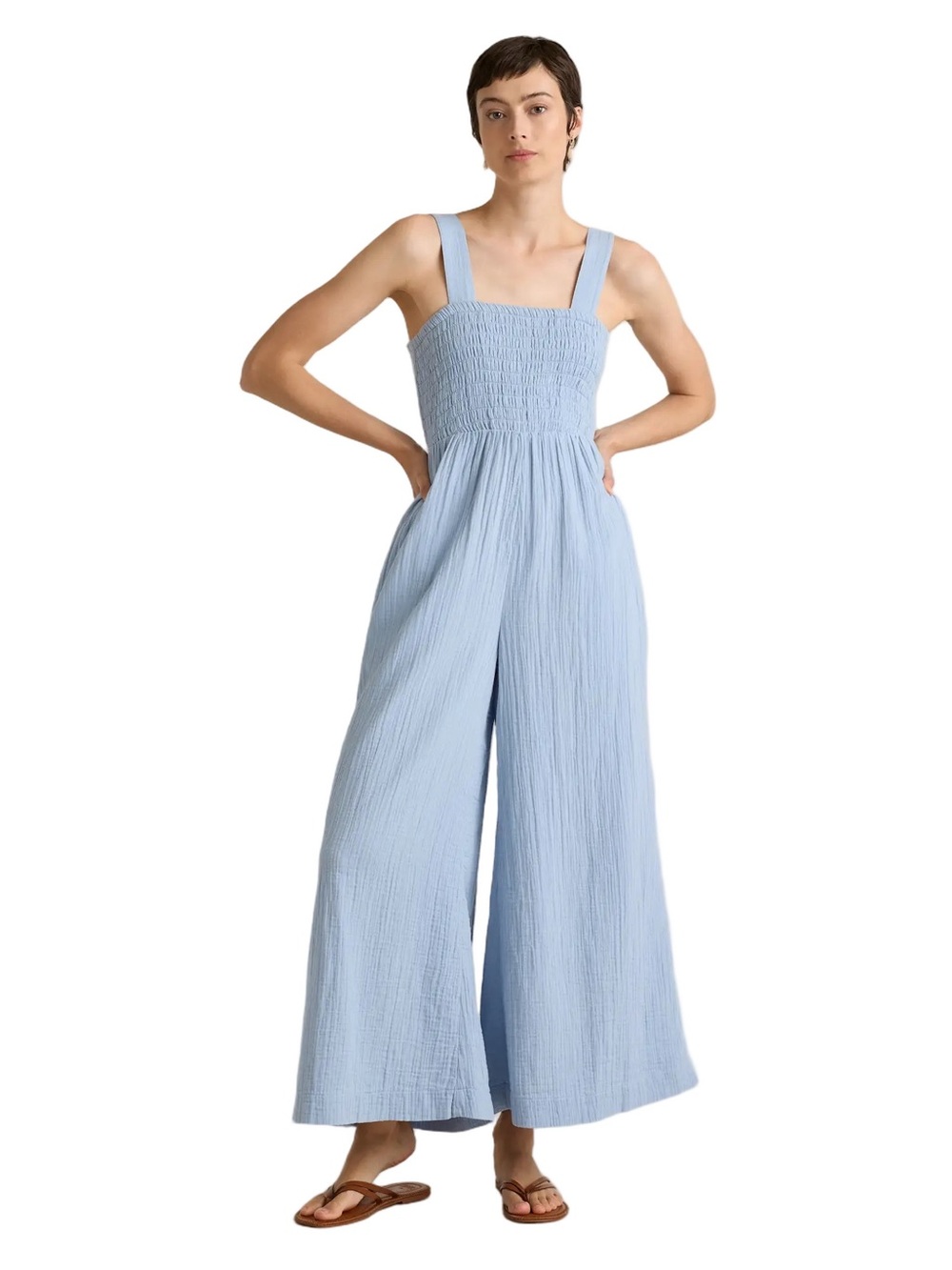 Quince Sz S 100% Organic Cotton Gauze Smocked Wide Leg Jumpsuit